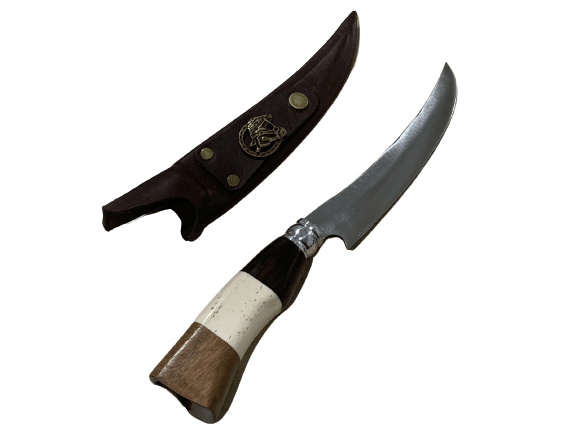 FACA ARTESANAL CURVADA INOX CABO DE OSSO MADEIRA E CHIFRE