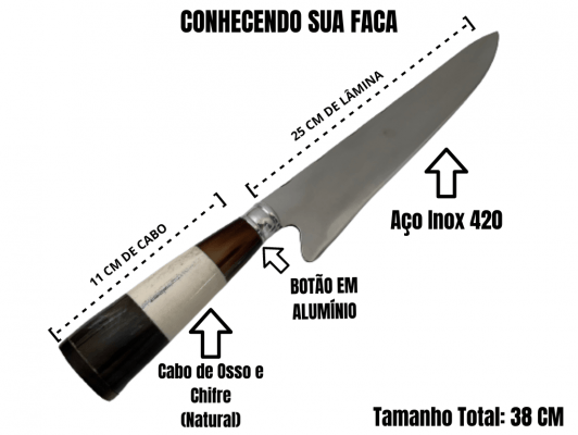 FACA ARTESANAL PARA CHURRASCO 10 POLEGADAS CHIFRE E OSSO