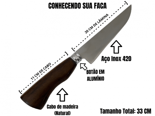 FACA ARTESANAL PARA COZINHA 08 POLEGADAS CABO DE MADEIRA