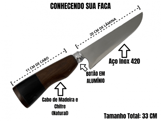 FACA ARTESANAL 08 POLEGADAS CABO DE MADEIRA E CHIFRE