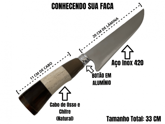 FACA ARTESANAL 08 POLEGADAS CABO DE OSSO E CHIFRE