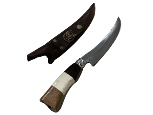 FACA ARTESANAL CURVADA INOX CABO DE OSSO MADEIRA E CHIFRE