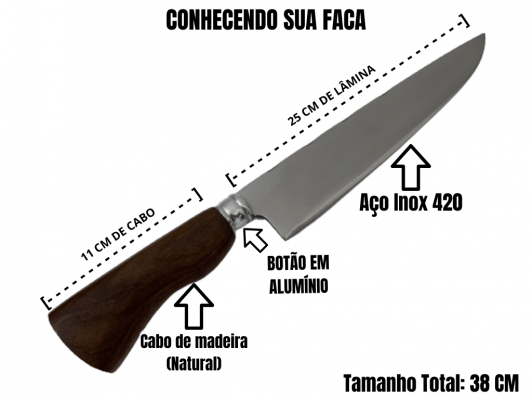 FACA ARTESANAL PARA CHURRASCO 10 POLEGADAS CABO DE MADEIRA