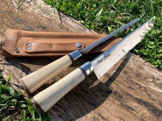 KIT CHURRASCO FACA E CHAIRA 10 POLEGADAS CABO DE OSSO