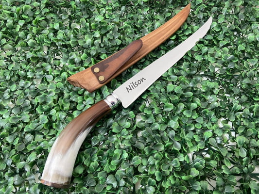 FACA INOX ARTESANAL PERSONALIZADA PARA CHURRASCO CABO DE CHIFRE